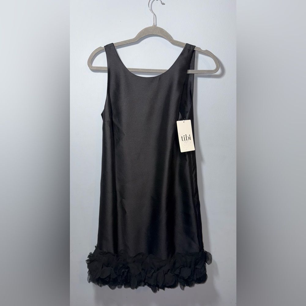 Tibi Black Satin Bow Back Wool & Silk Mini Dress with Petal Hem & Bow Size 6 NWT